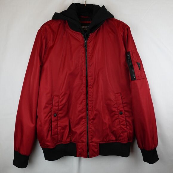GUESS Men's Hooded Bomber Jacket Red Black Size Large Streetwear Lagenlook Fall - Picture 11 of 16